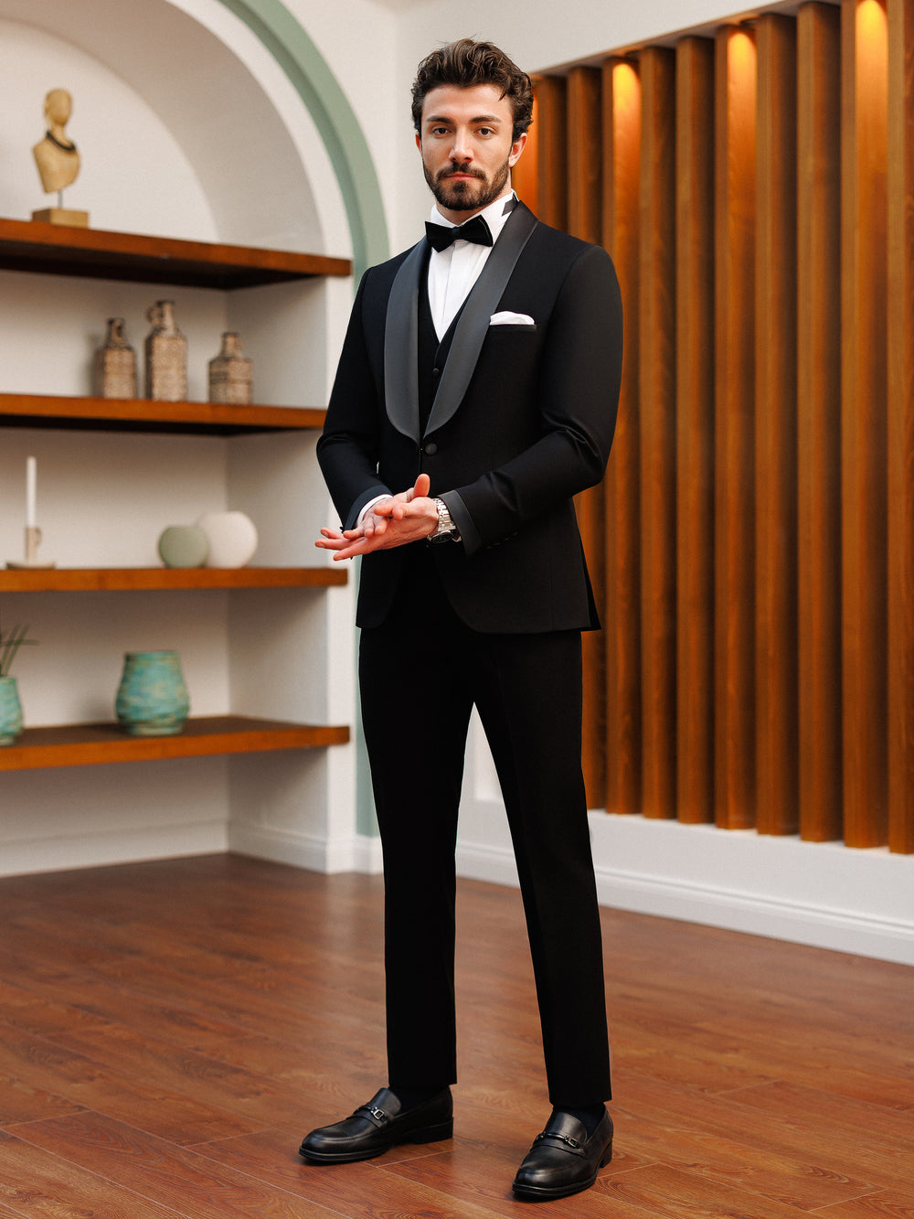 Black Slim Fit Tuxedo 3 Piece with Satin Shawl Collar Vest main image 0