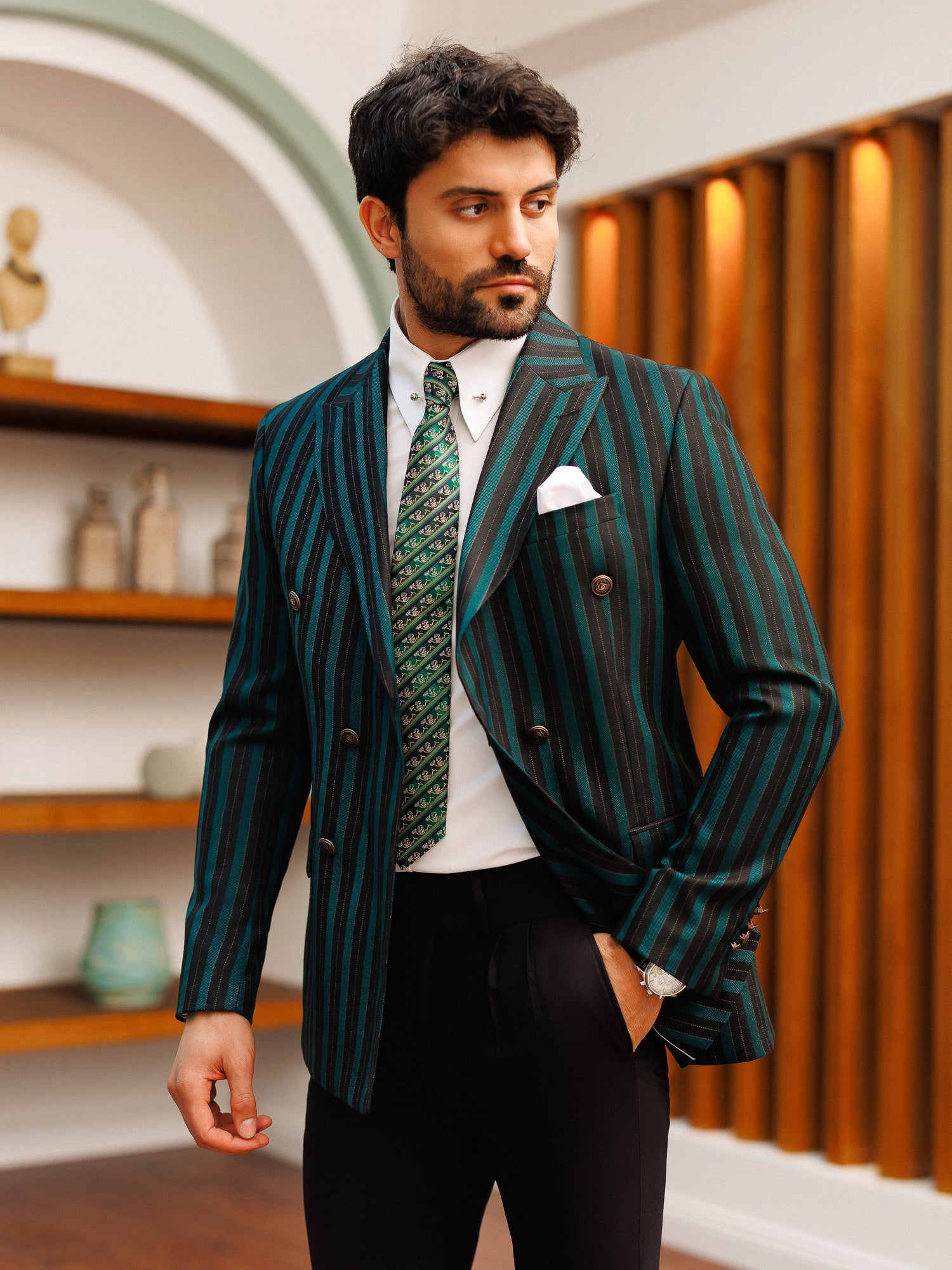 Green Striped Double Breasted Blazer