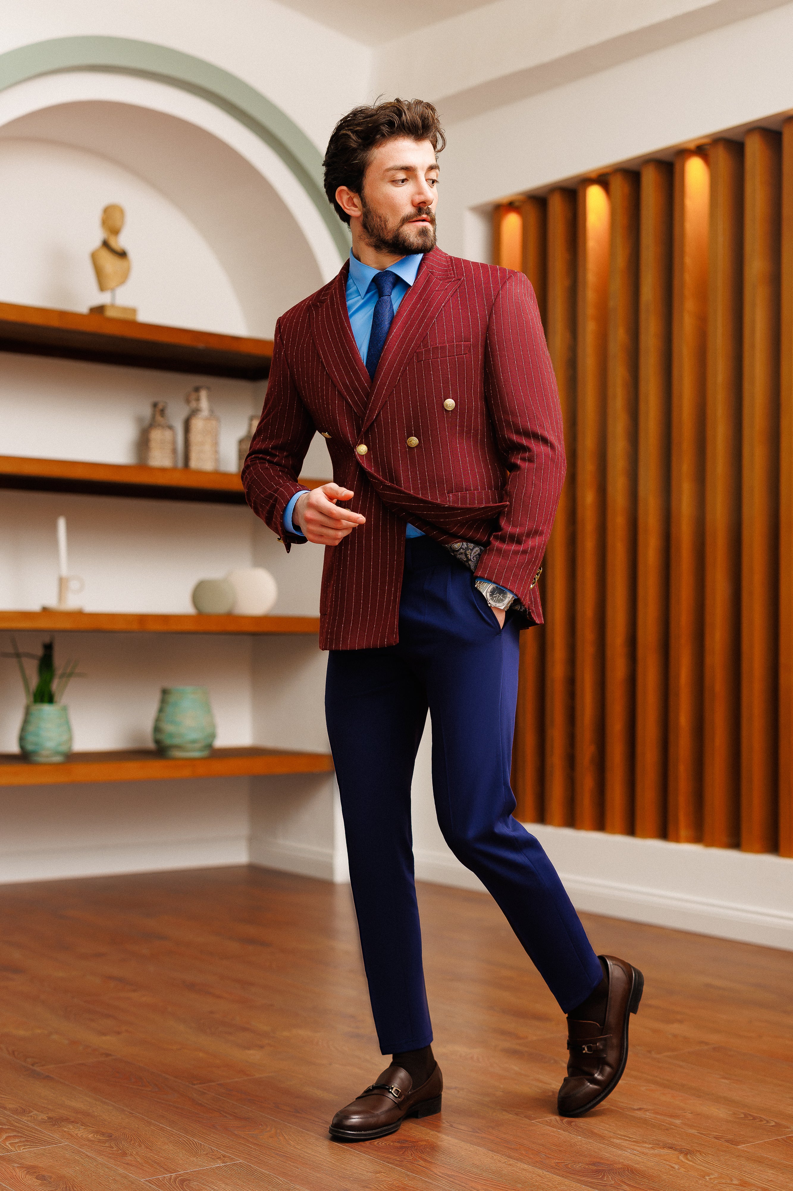 Bordeaux Striped Double Breasted Blazer