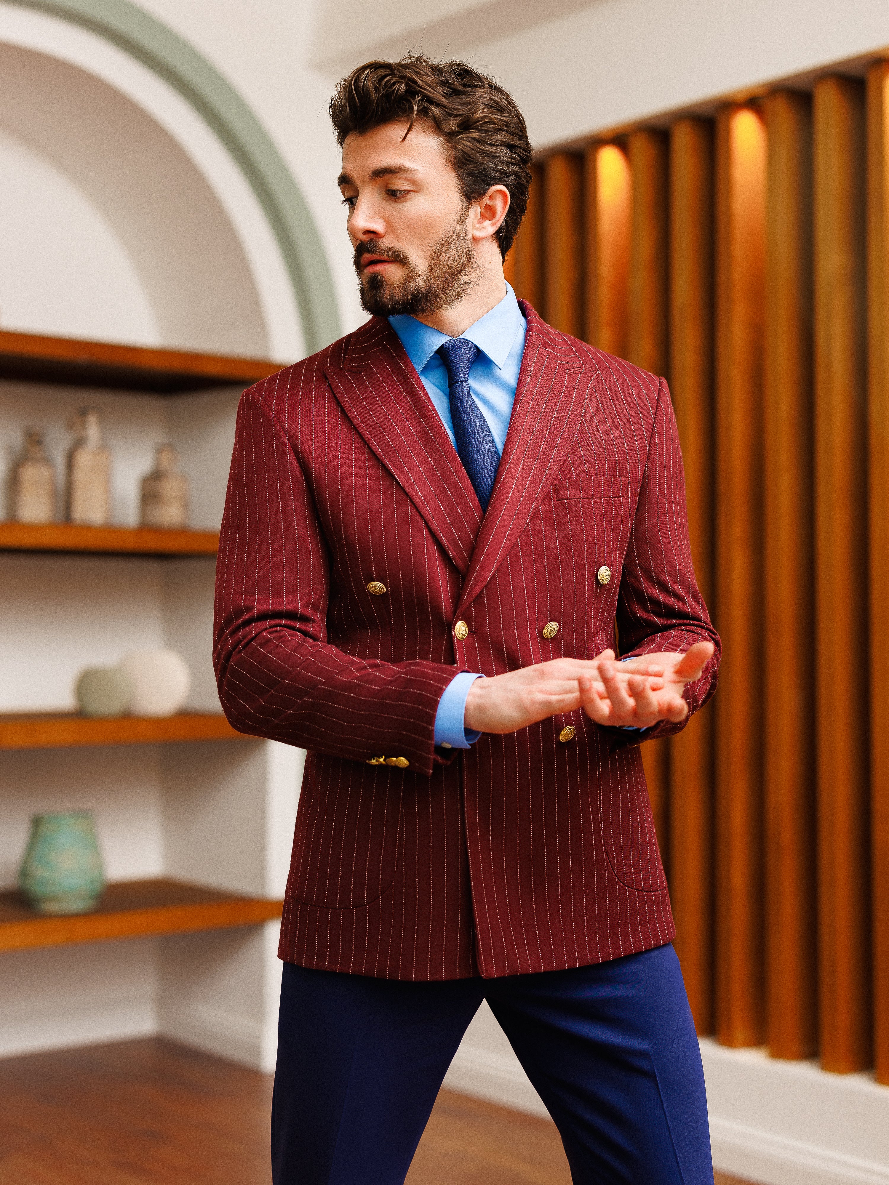 Bordeaux Striped Double Breasted Blazer
