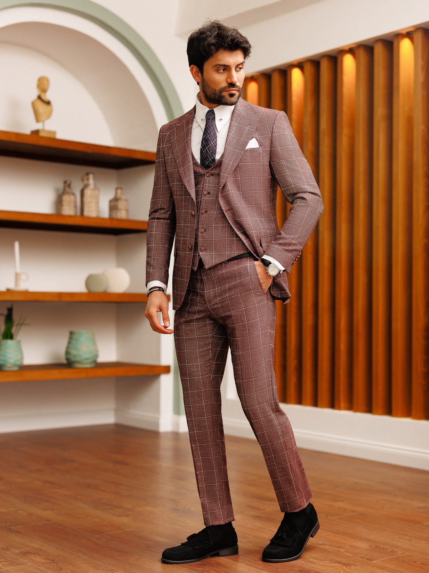 Bordeaux Plaid Slim-Fit Suit 3-Piece