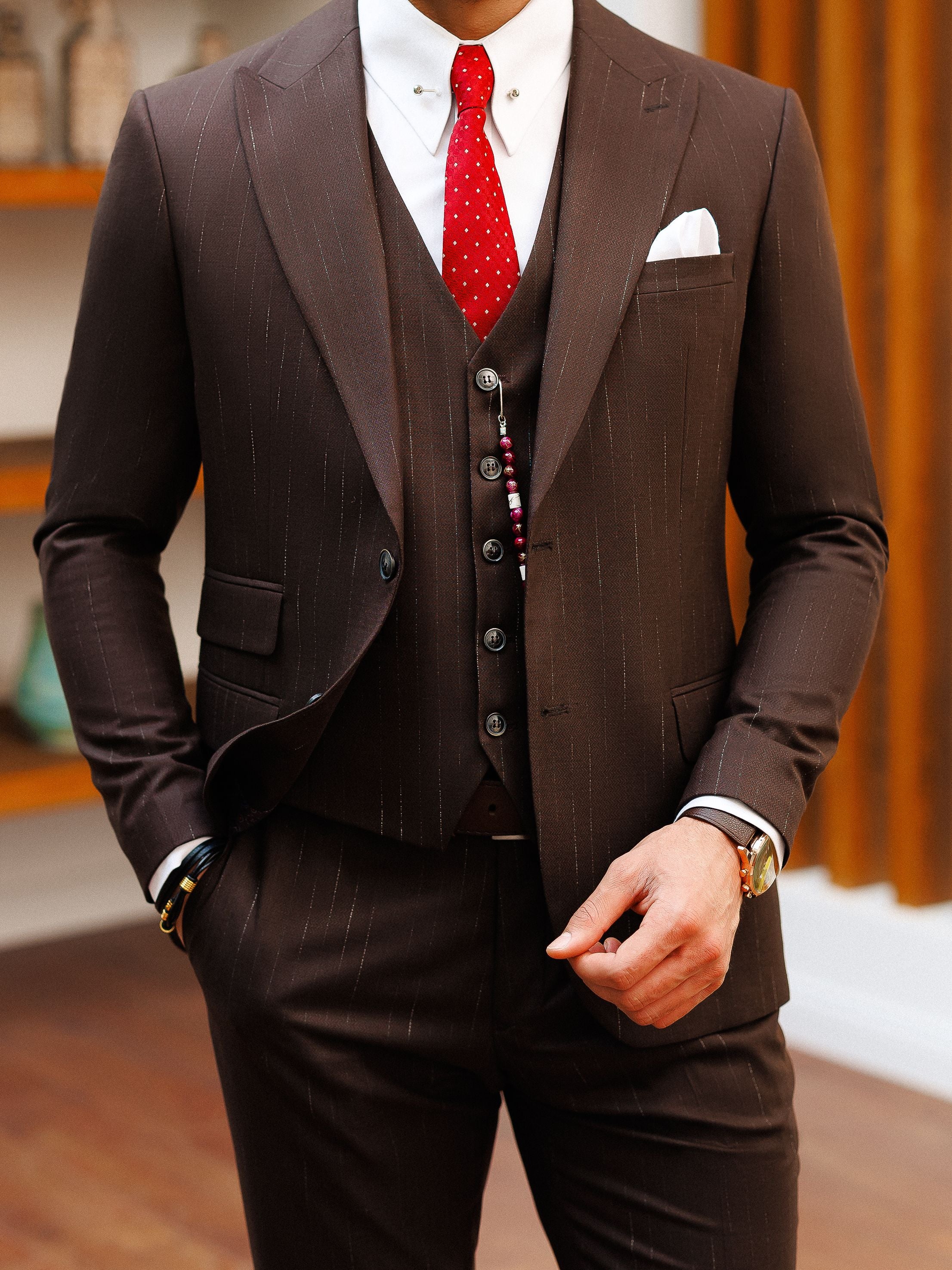 Brown Striped Slim-Fit Suit 3-Piece