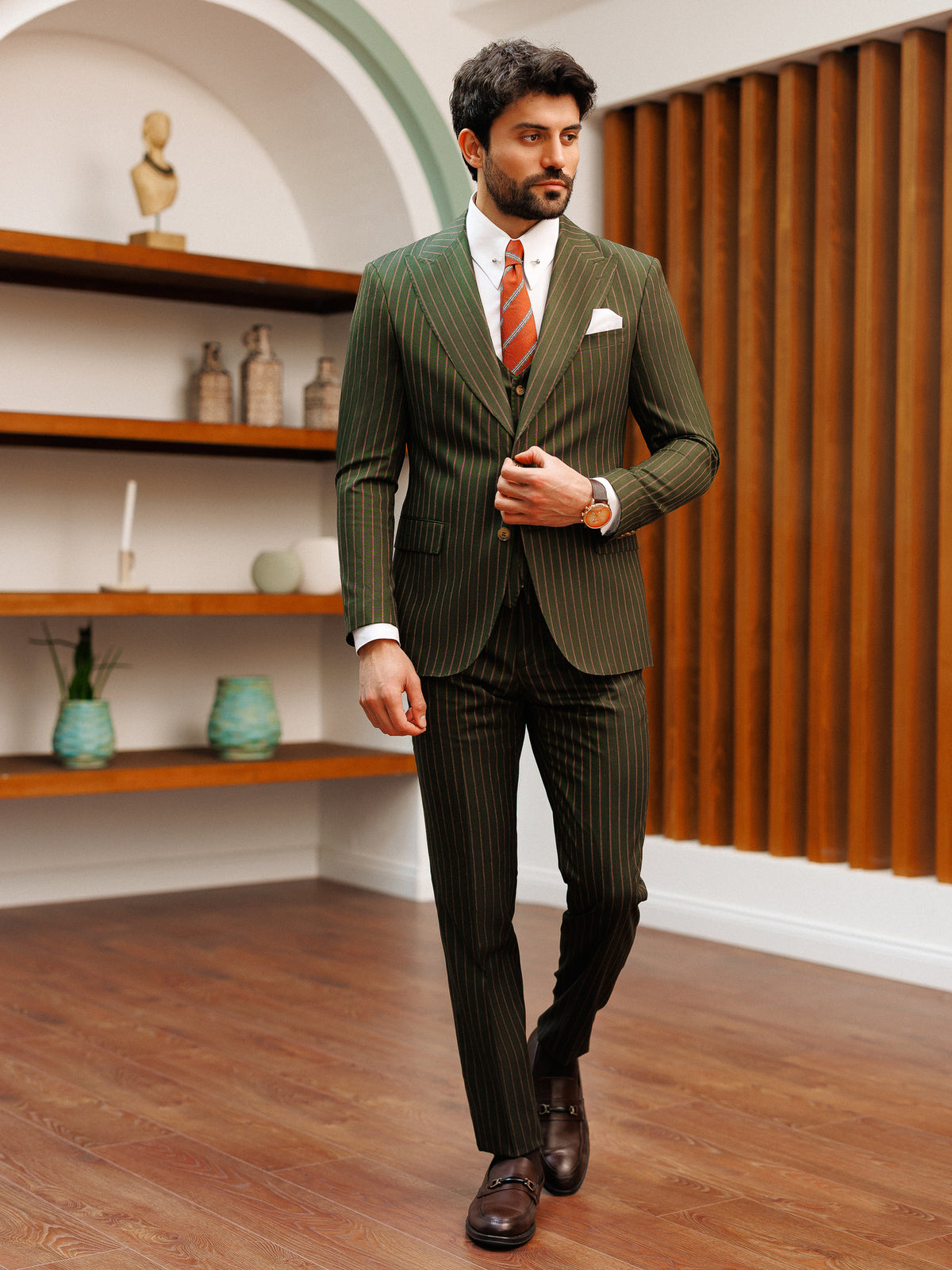 VIOSSI khaki striped slim-fit 3-piece suit back view displaying Italian suit styles tailoring