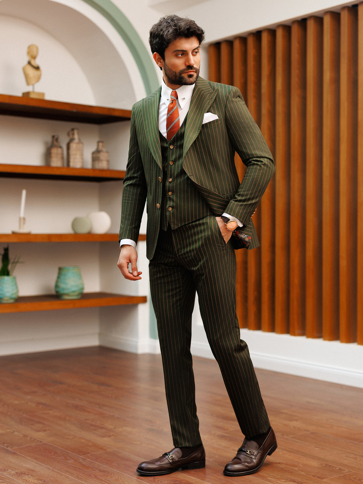 VIOSSI khaki striped slim-fit 3-piece suit detail showing Italian suit styles pattern and fit
