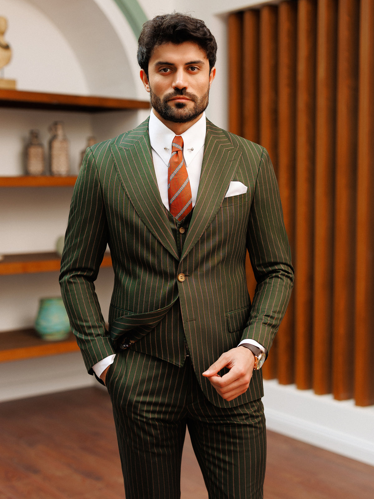 VIOSSI khaki striped slim-fit 3-piece suit complete look with Italian suit styles sophistication