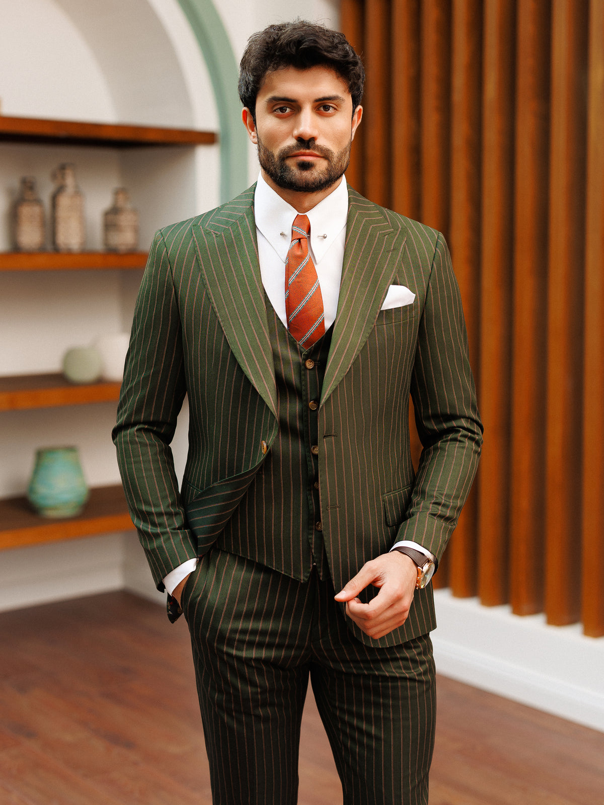 VIOSSI khaki striped slim-fit suit 3-piece front view - Italian suit styles for modern formal wear