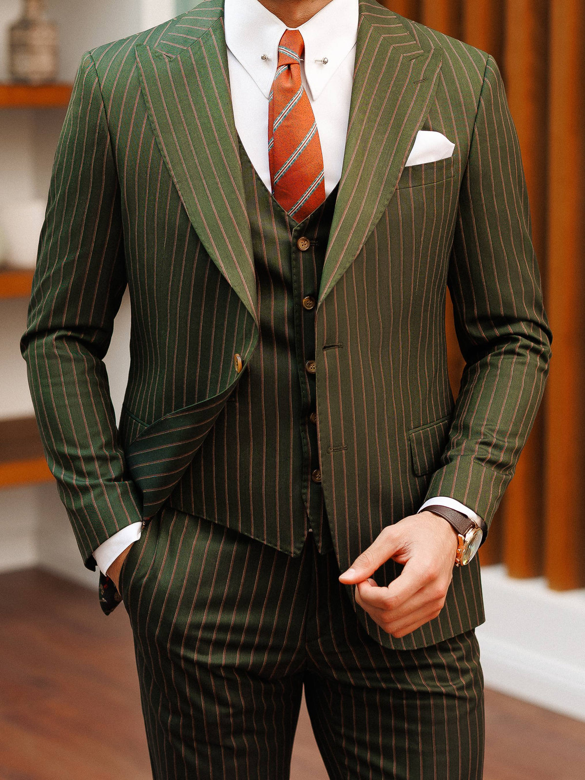 VIOSSI khaki striped slim-fit suit 3-piece detail shot highlighting Italian suit styles craftsmanship