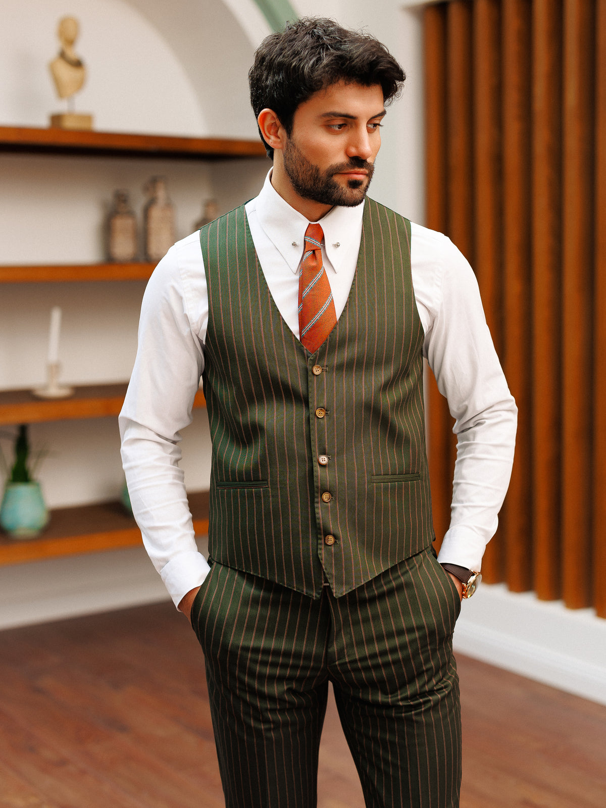 VIOSSI khaki striped slim-fit suit 3-piece back view showing Italian suit styles tailoring and fit