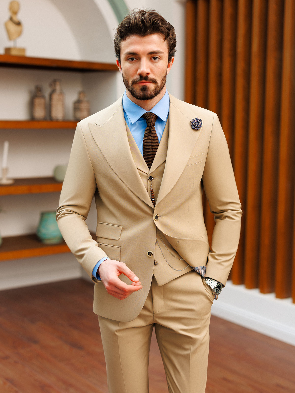 Beige Trimmed Lapel Slim Fit 3 Piece Suit