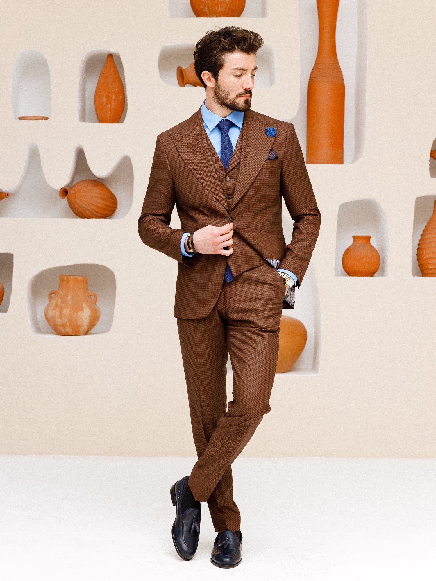 Brown Plaid Slim-Fit Suit 3-Piece