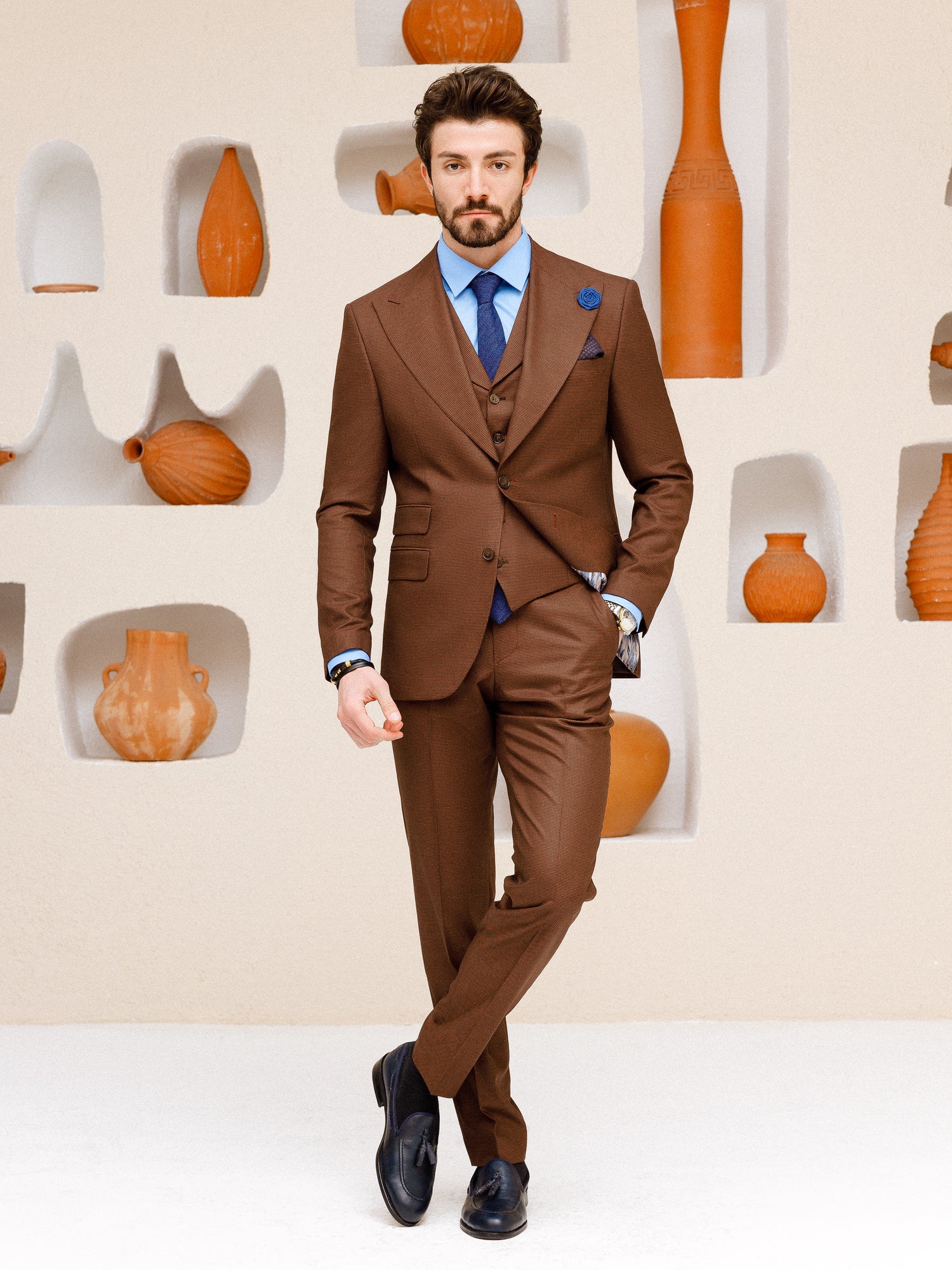 Brown Plaid Slim-Fit Suit 3-Piece