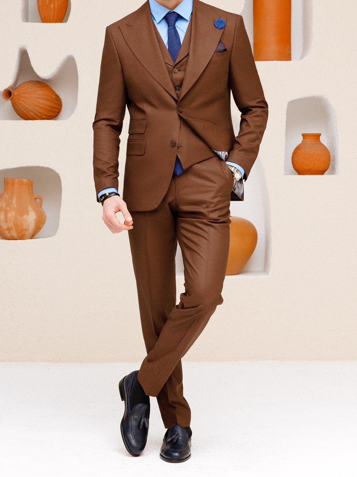 Brown Plaid Slim-Fit Suit 3-Piece