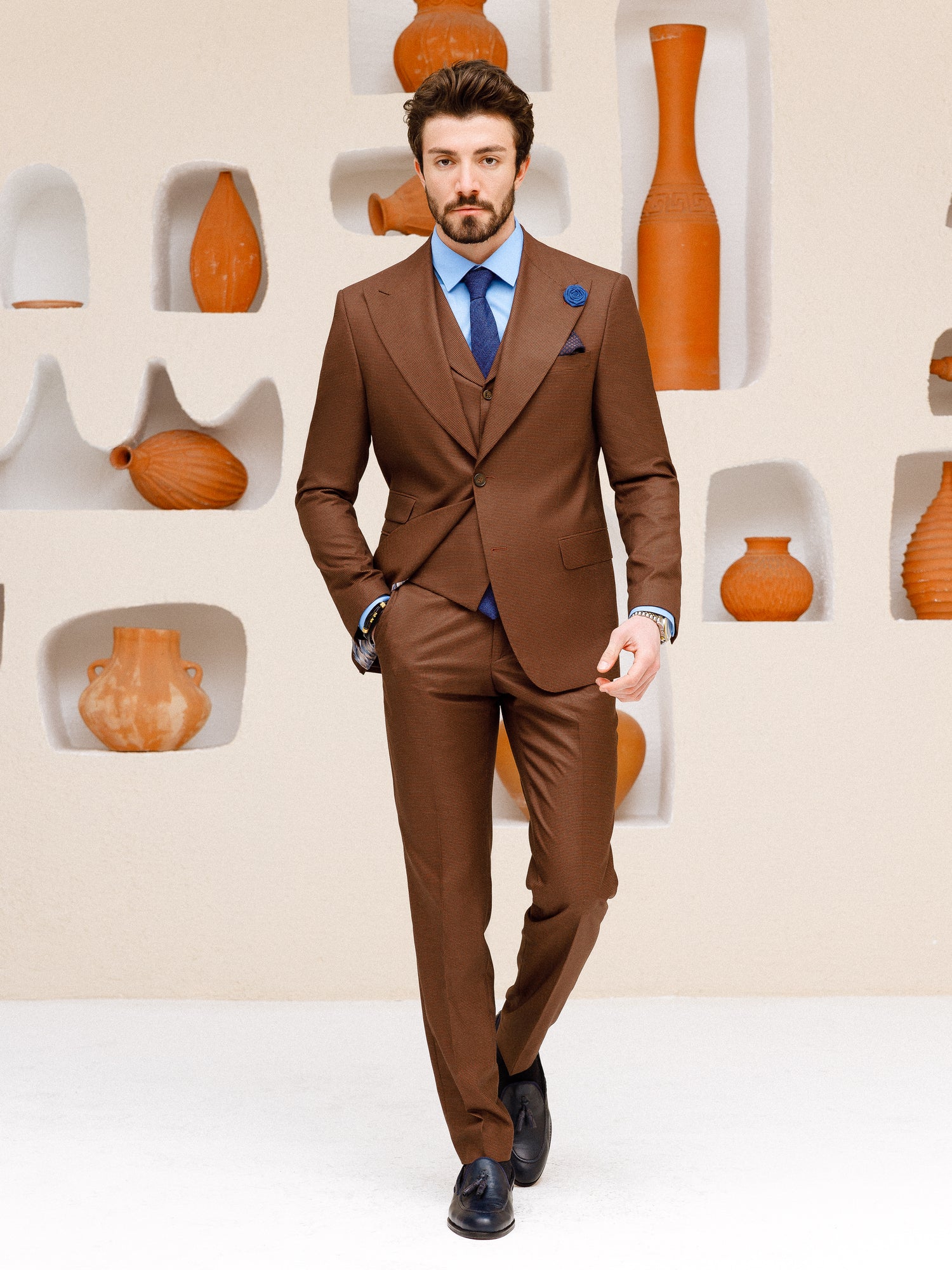 Brown Plaid Slim-Fit Suit 3-Piece