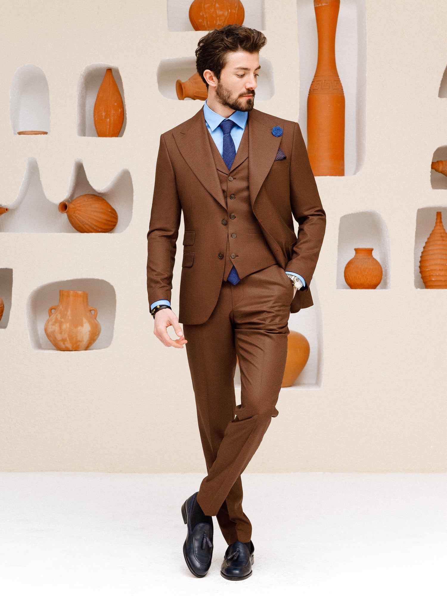 Brown Plaid Slim-Fit Suit 3-Piece