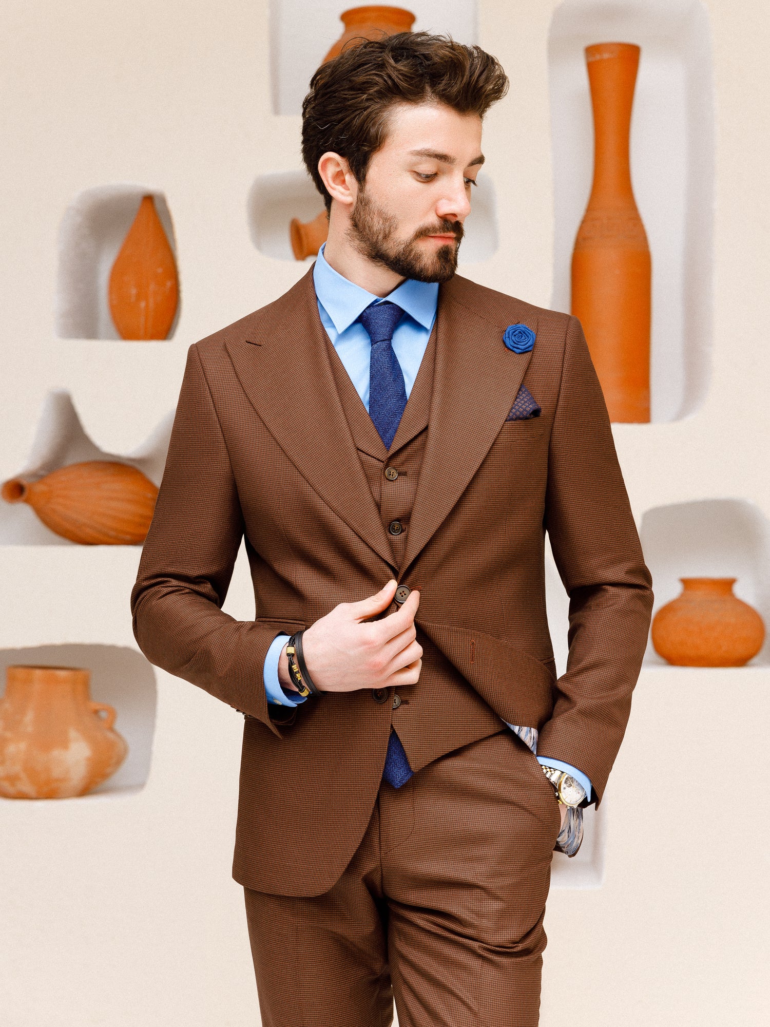 Brown Plaid Slim-Fit Suit 3-Piece