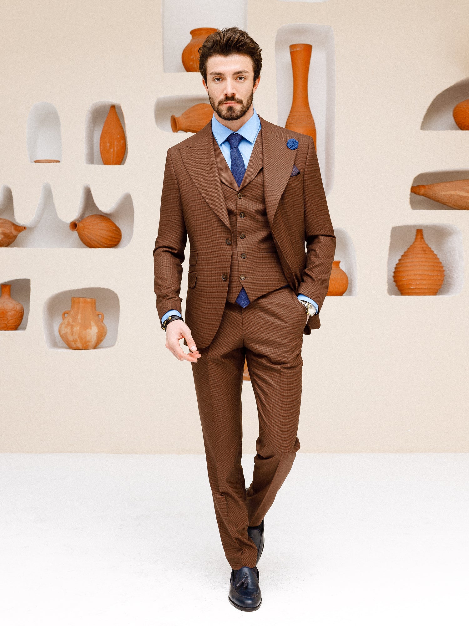 Brown Plaid Slim-Fit Suit 3-Piece