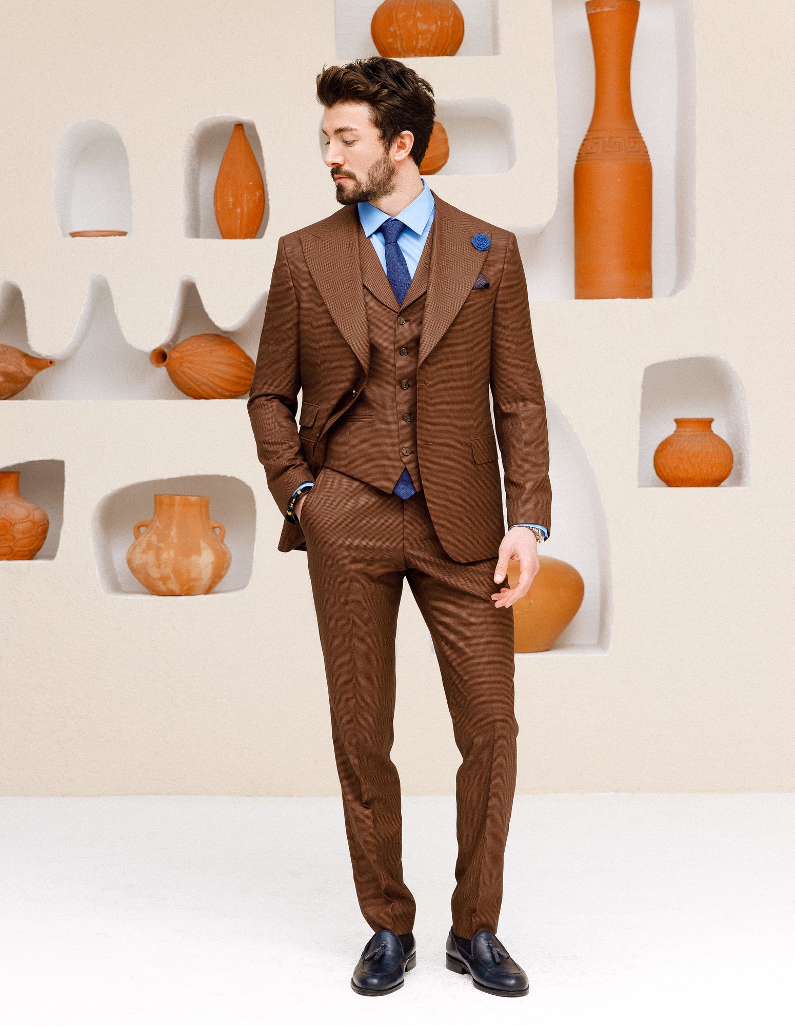 Brown Plaid Slim-Fit Suit 3-Piece