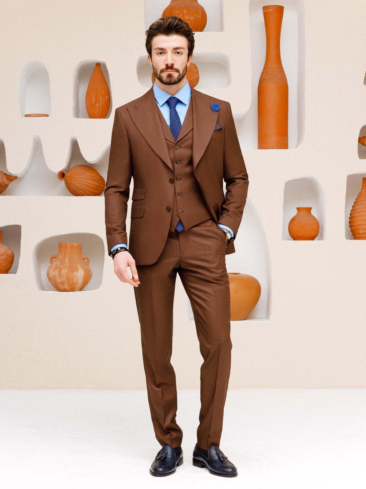 Brown Plaid Slim-Fit Suit 3-Piece