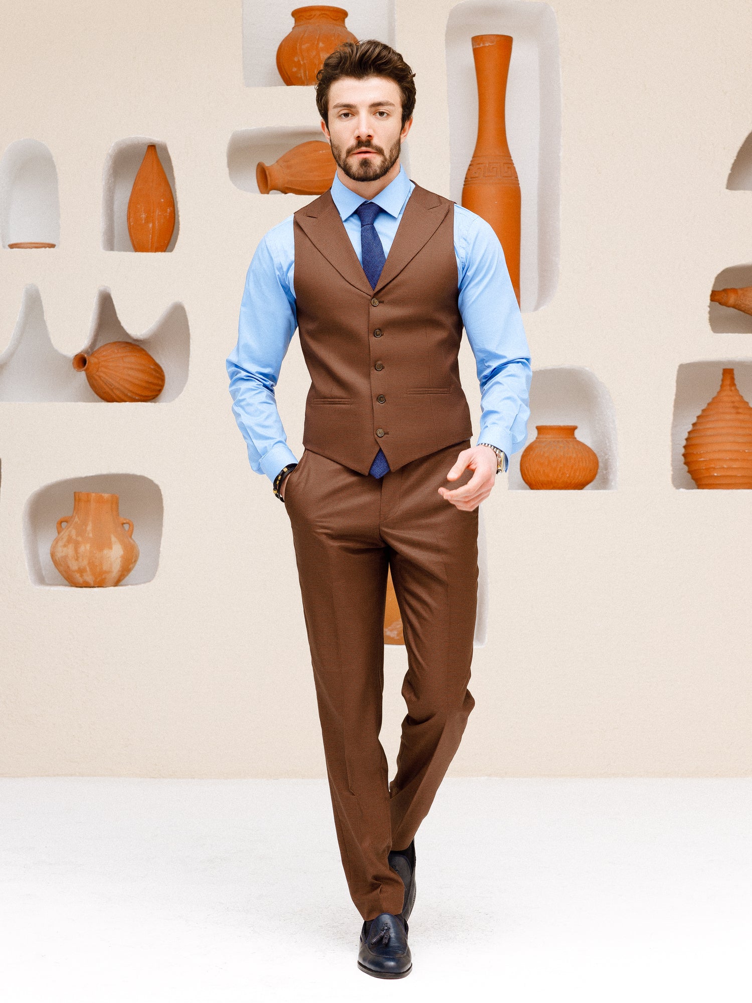 Brown Plaid Slim-Fit Suit 3-Piece