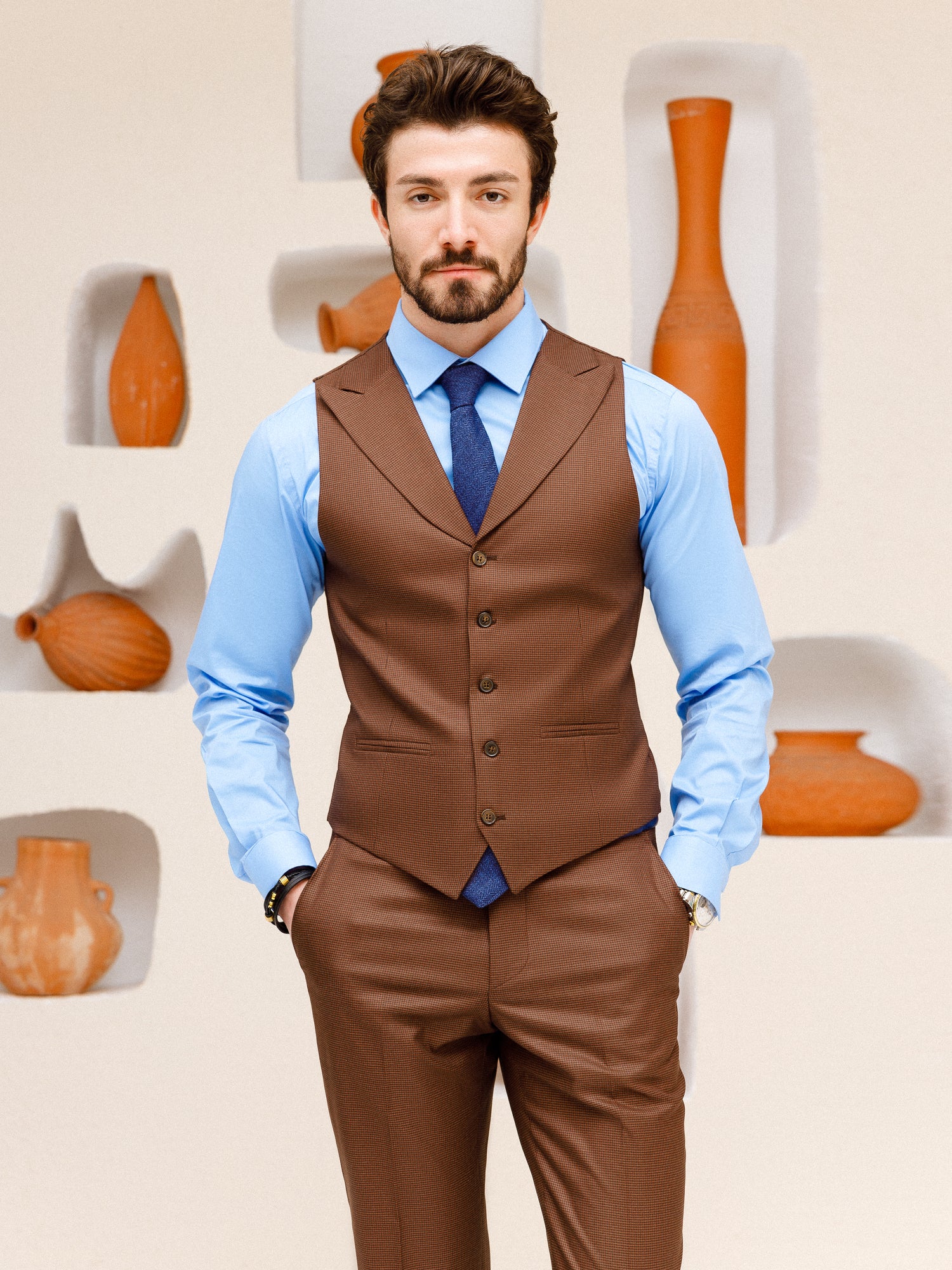 Brown Plaid Slim-Fit Suit 3-Piece