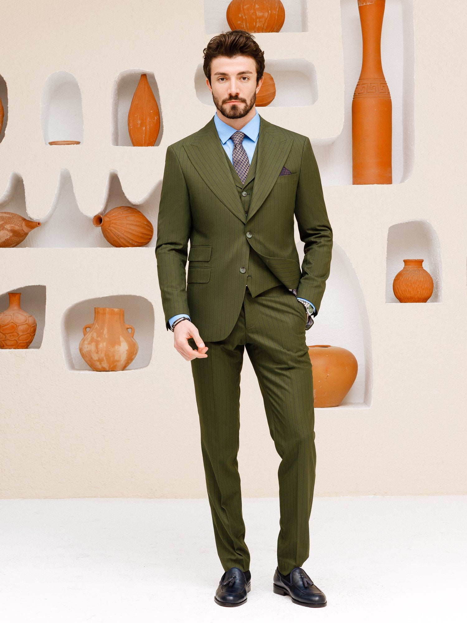 Khaki Striped Slim-Fit Suit 3-Piece