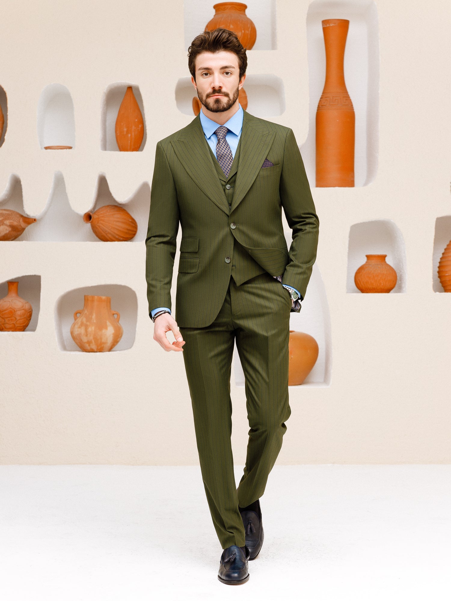 Khaki Striped Slim-Fit Suit 3-Piece