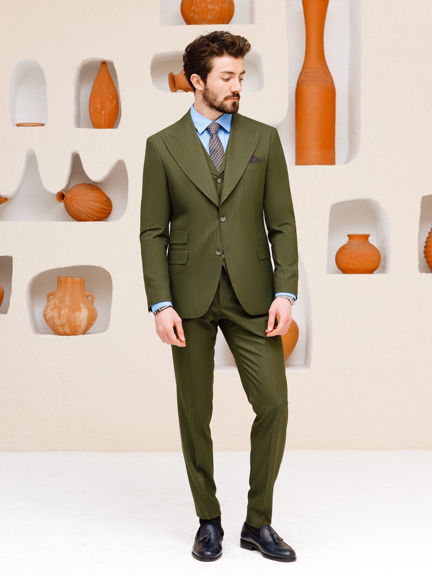 Khaki Striped Slim-Fit Suit 3-Piece