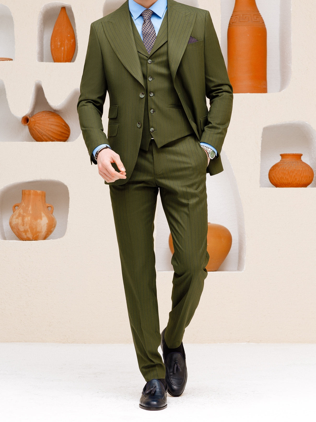 Khaki Striped Slim-Fit Suit 3-Piece