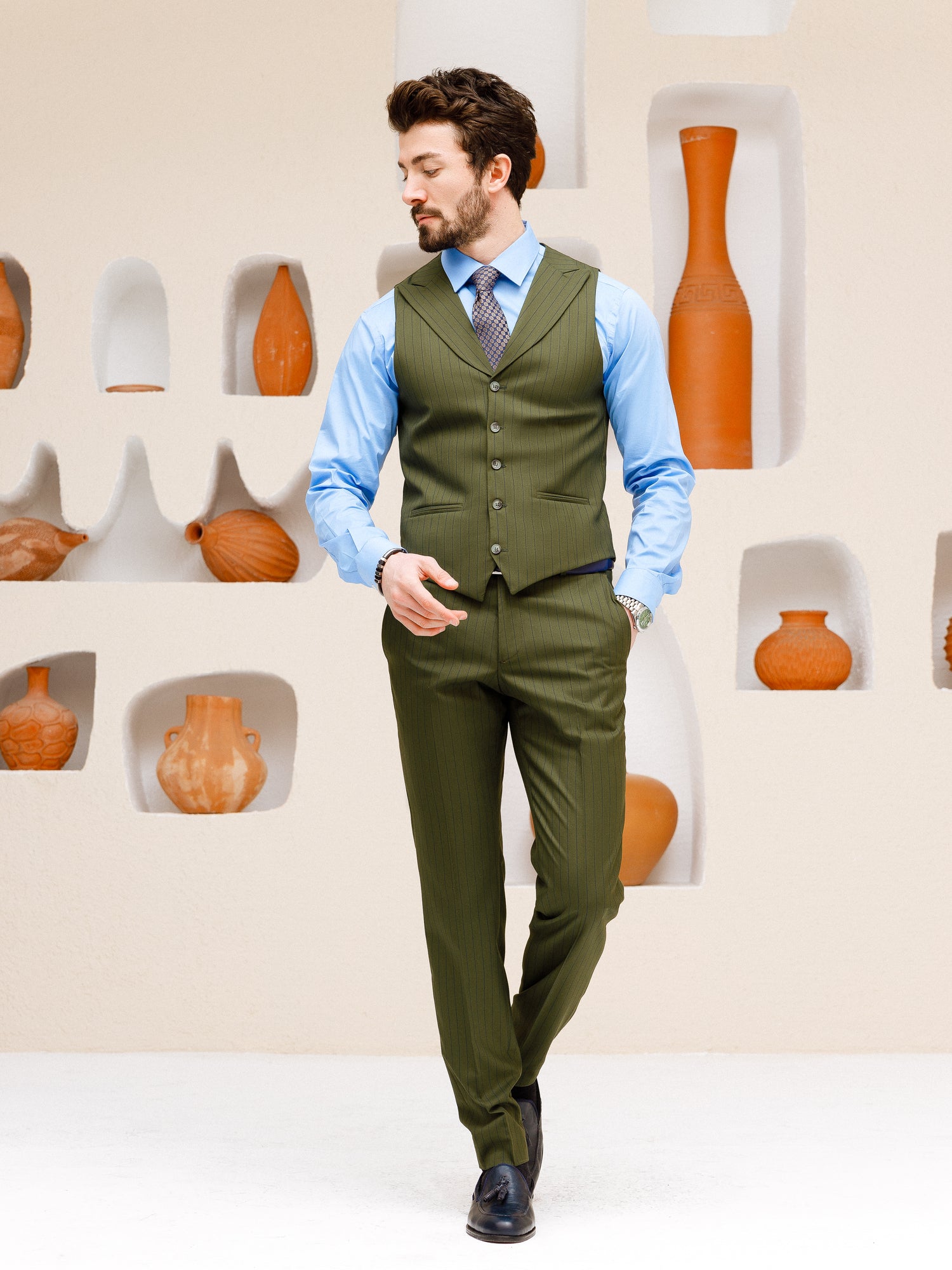 Khaki Striped Slim-Fit Suit 3-Piece