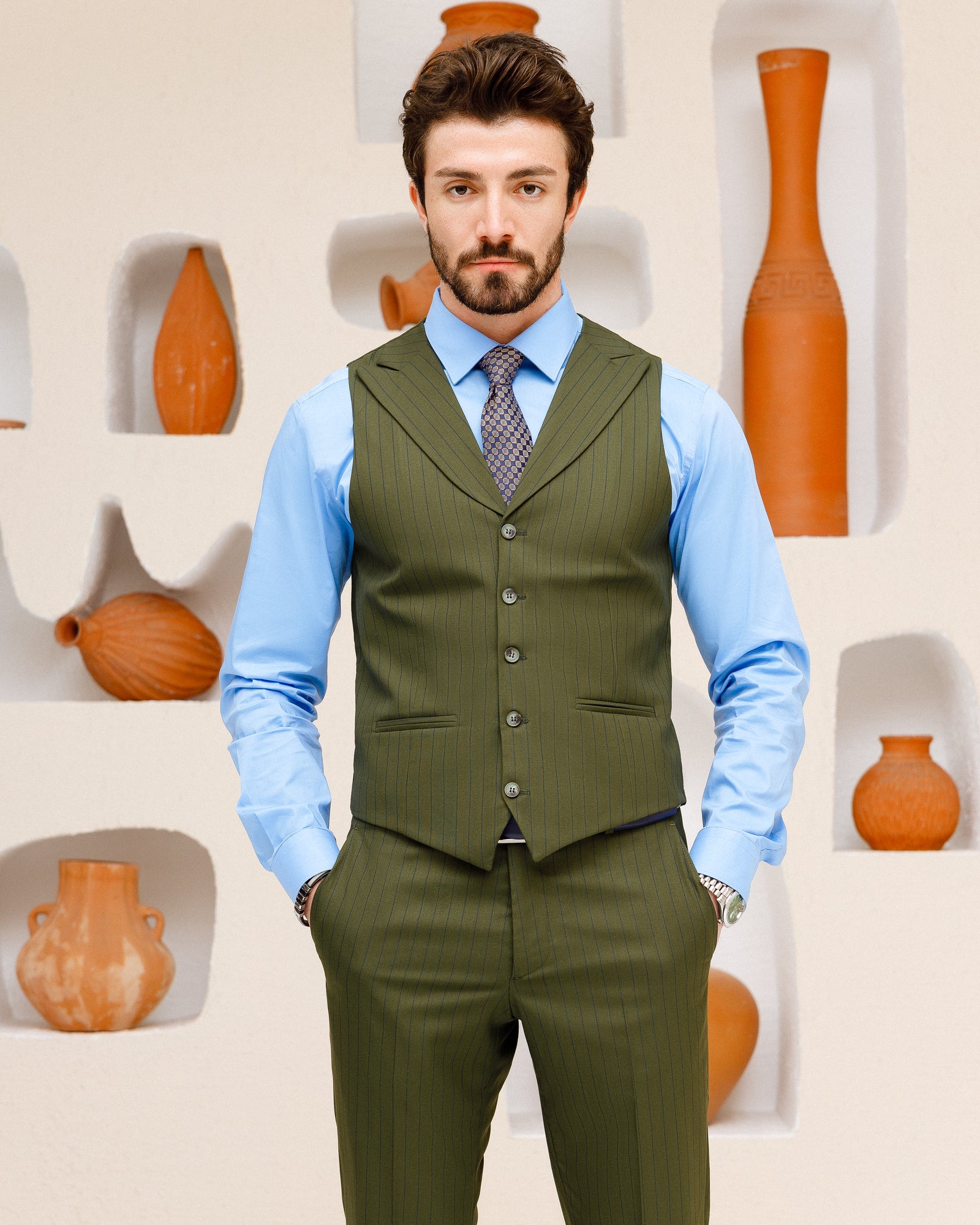 Khaki Striped Slim-Fit Suit 3-Piece