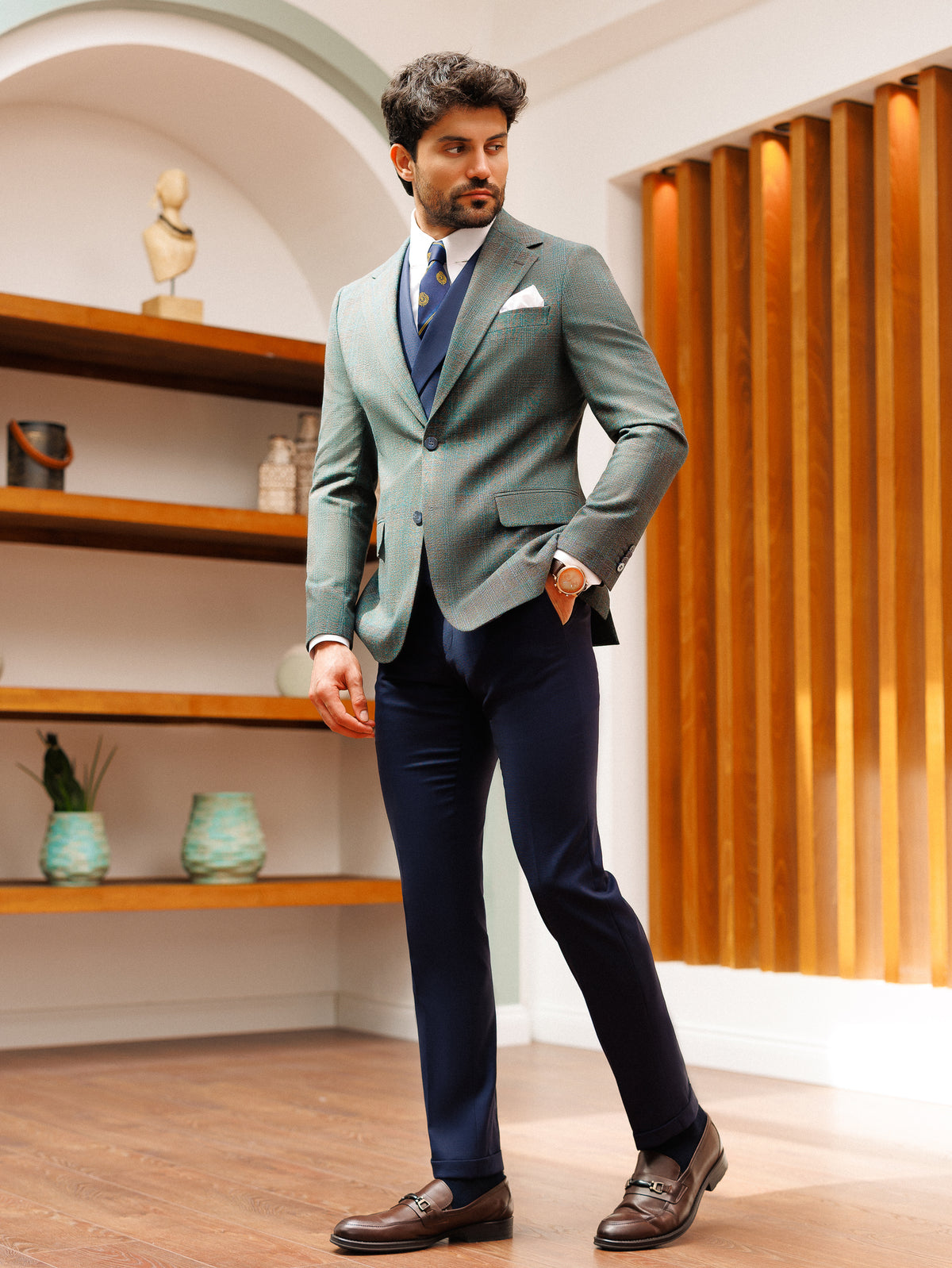 VIOSSI Grey Plaid Slim-Fit Suit 3-Piece detail view - Italian suit styles showing plaid texture and tailoring