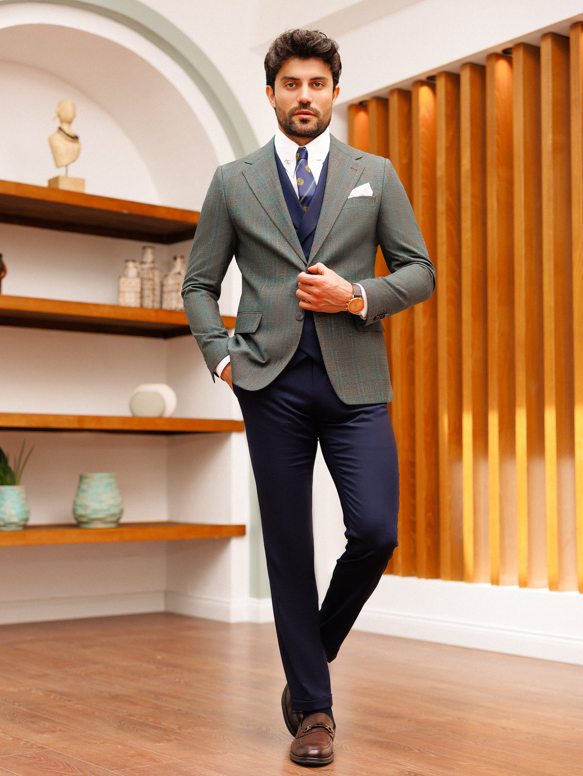 VIOSSI Grey Plaid Slim-Fit Suit 3-Piece side view - Italian suit styles three-piece set with matching vest
