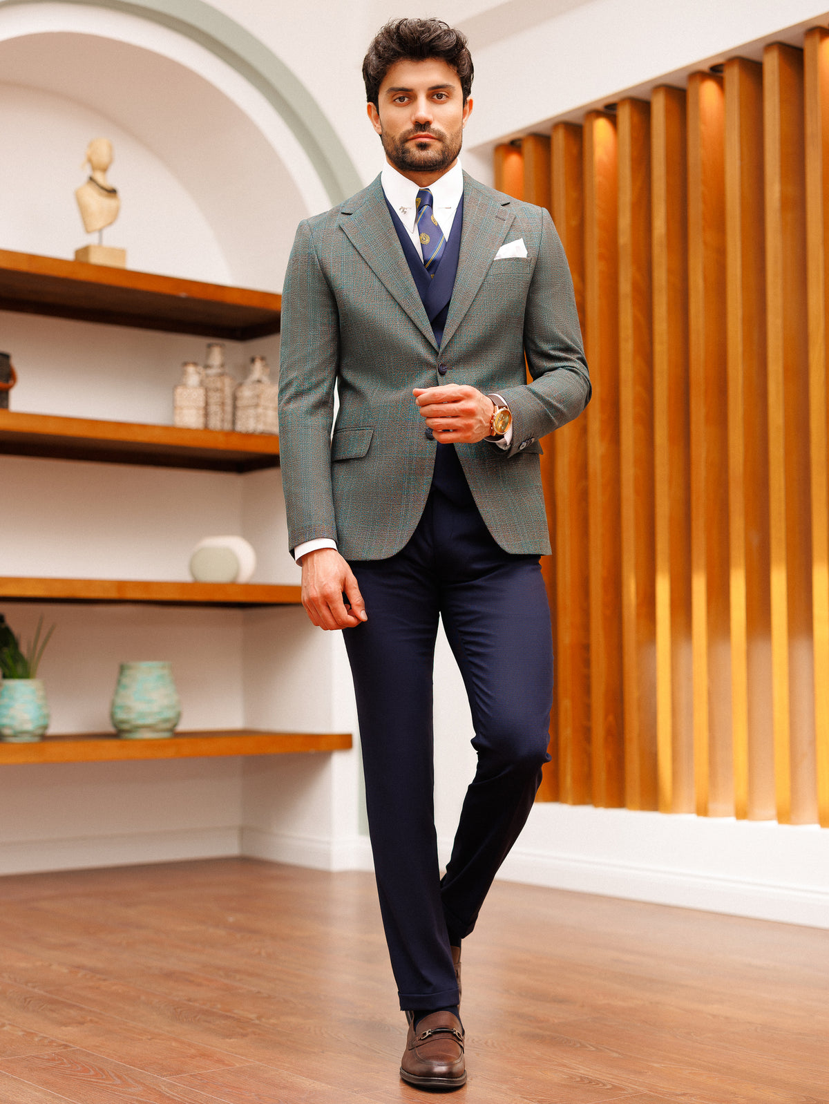 VIOSSI Grey Plaid Slim-Fit Suit 3-Piece styled shot - Italian suit styles complete formal menswear ensemble