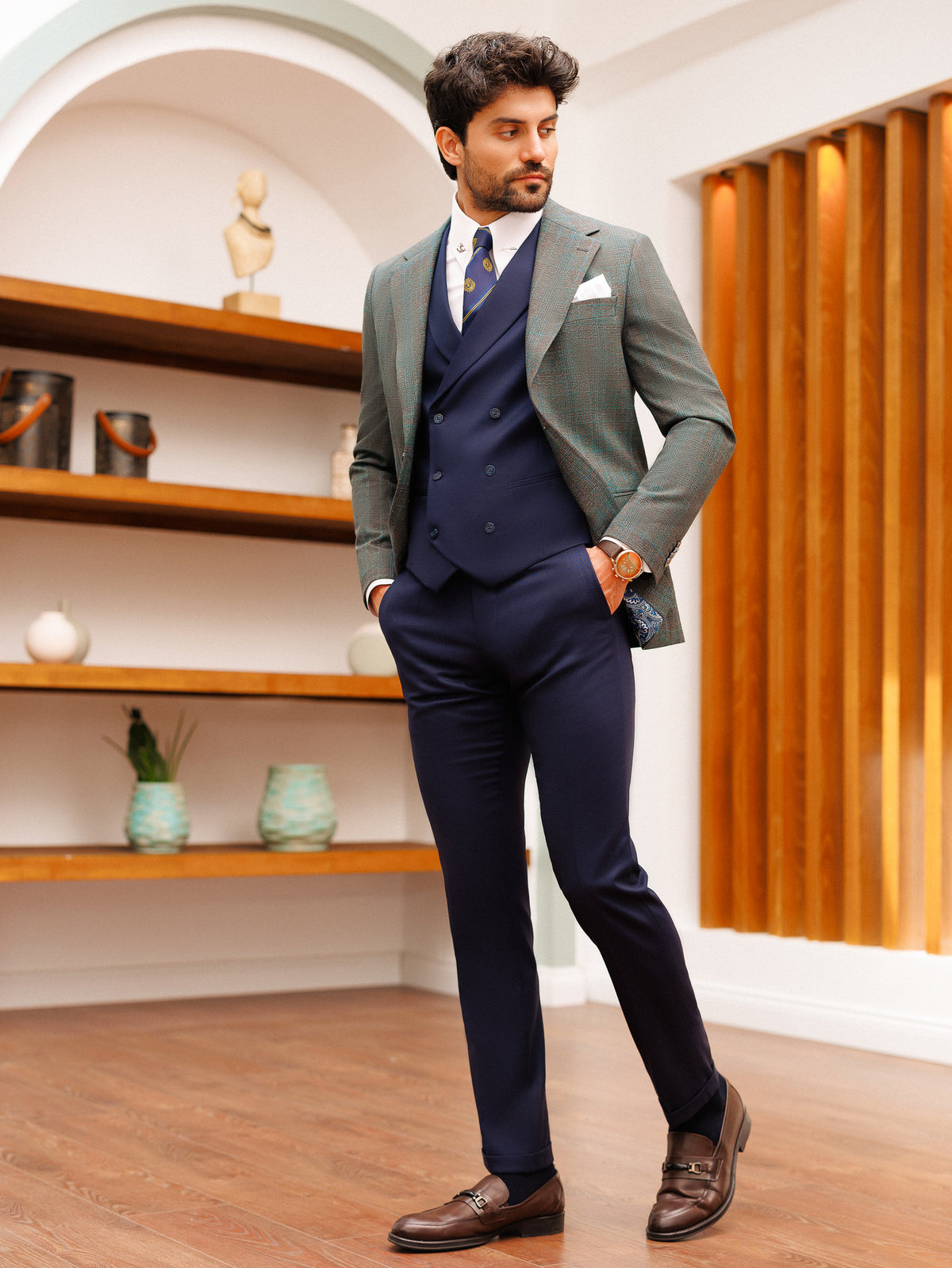 VIOSSI Grey Plaid Slim-Fit Suit 3-Piece jacket close-up - Italian suit styles lapel and button detail view