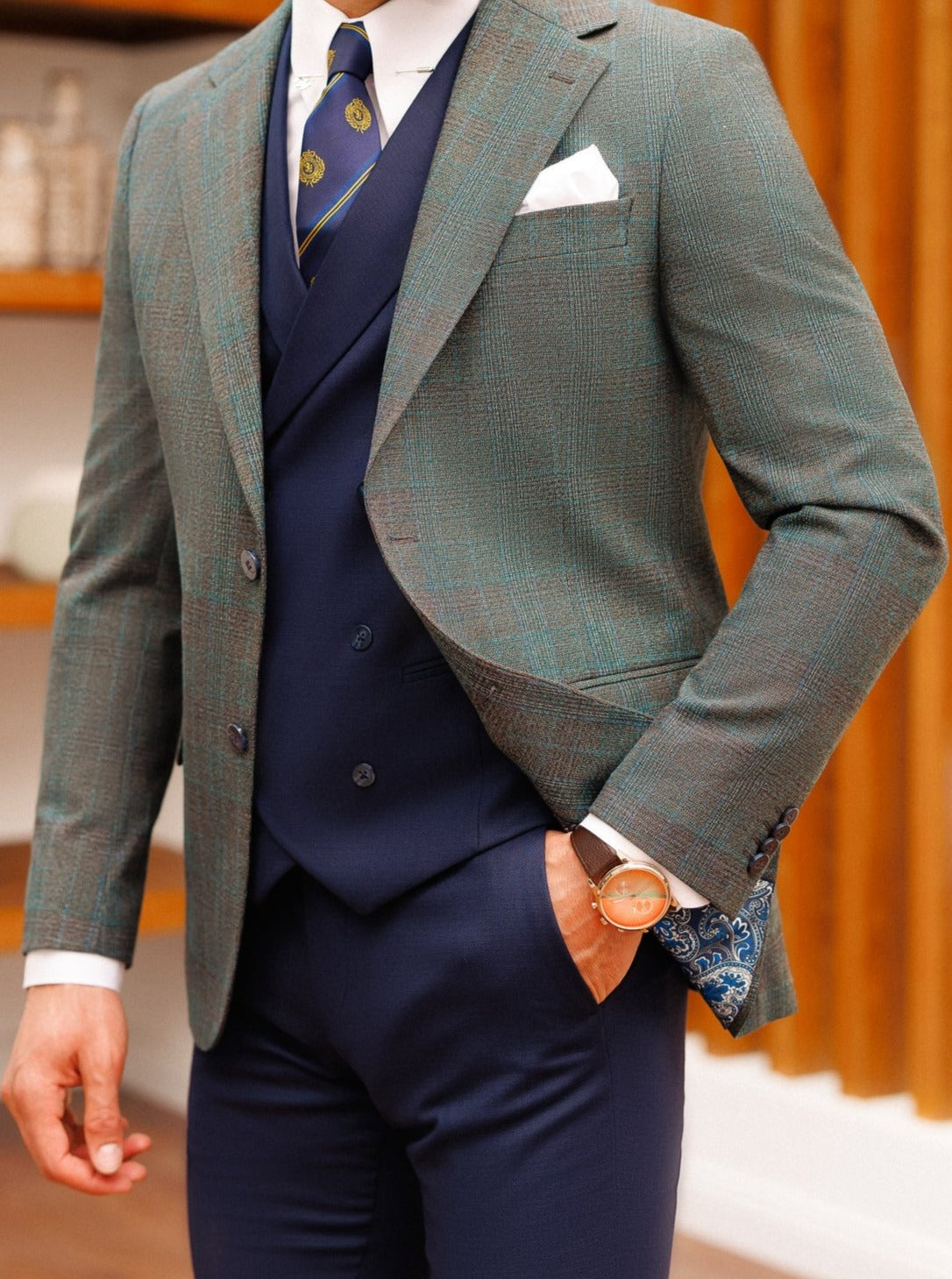 VIOSSI Grey Plaid Slim-Fit Suit 3-Piece front view - Italian suit styles with checkered pattern design