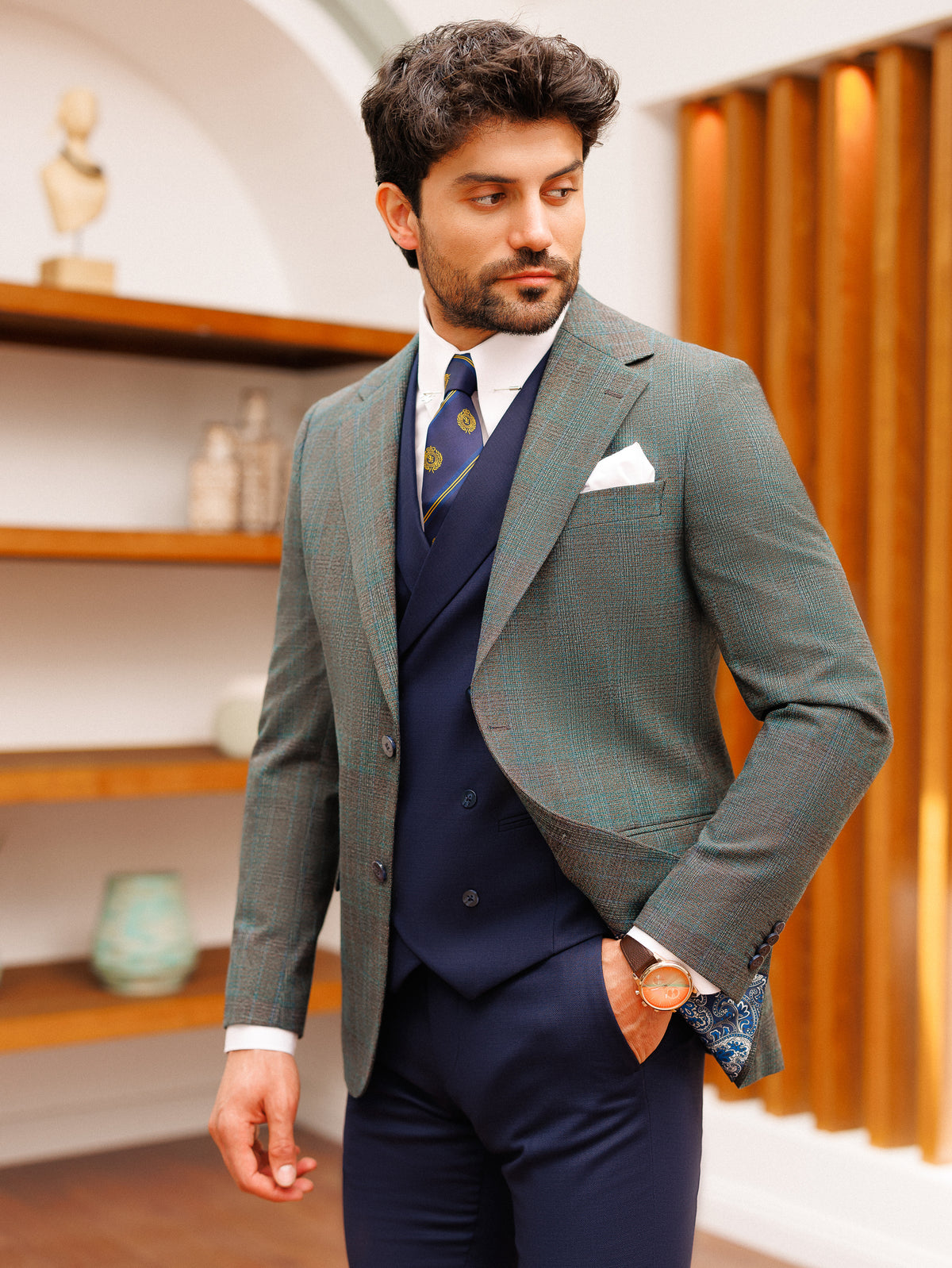 VIOSSI Grey Plaid Slim-Fit Suit 3-Piece pants detail - Italian suit styles tailored trousers with plaid design