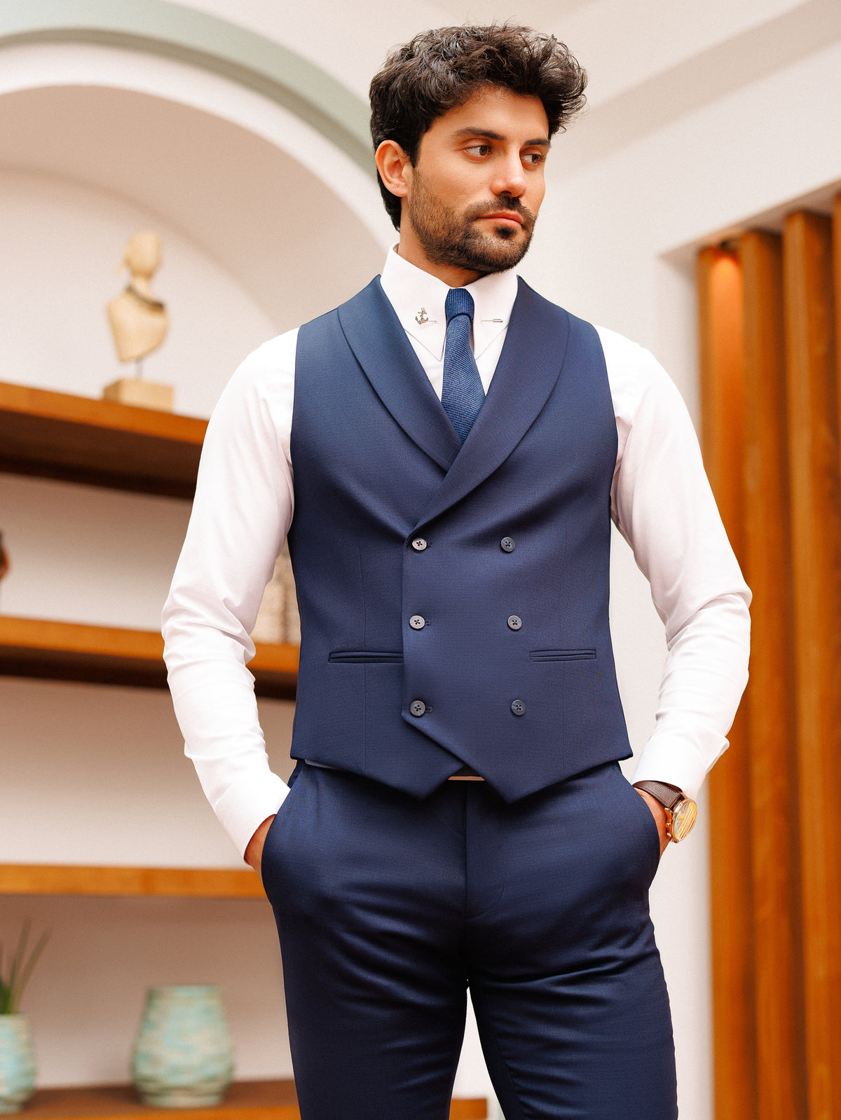 VIOSSI Grey Plaid Slim-Fit Suit 3-Piece vest focus - Italian suit styles waistcoat with matching plaid pattern