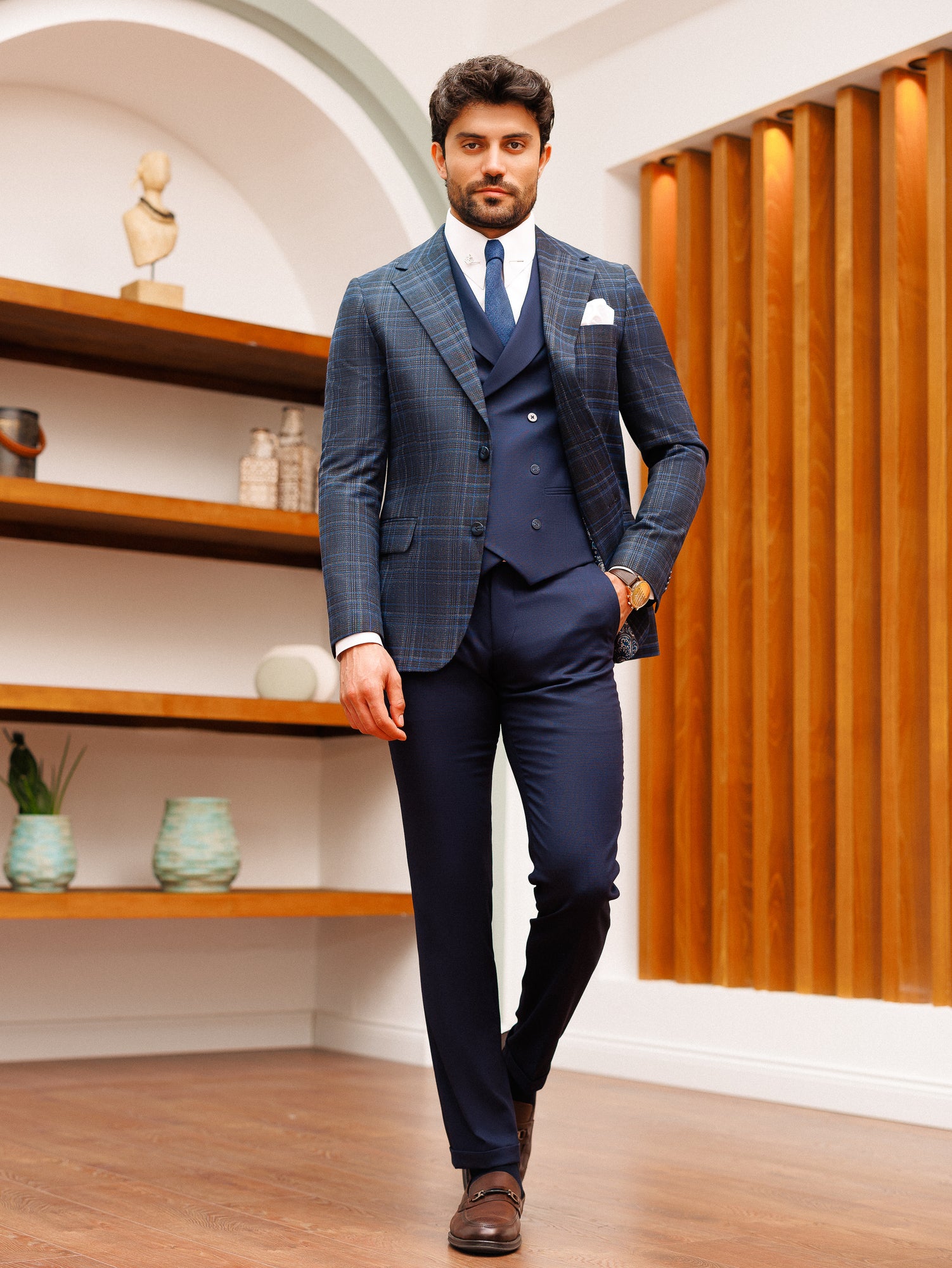 Navy Plaid Slim-Fit Suit 3-Piece