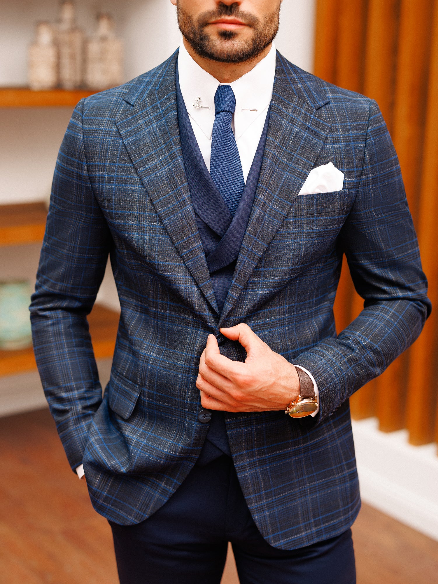 Navy Plaid Slim-Fit Suit 3-Piece