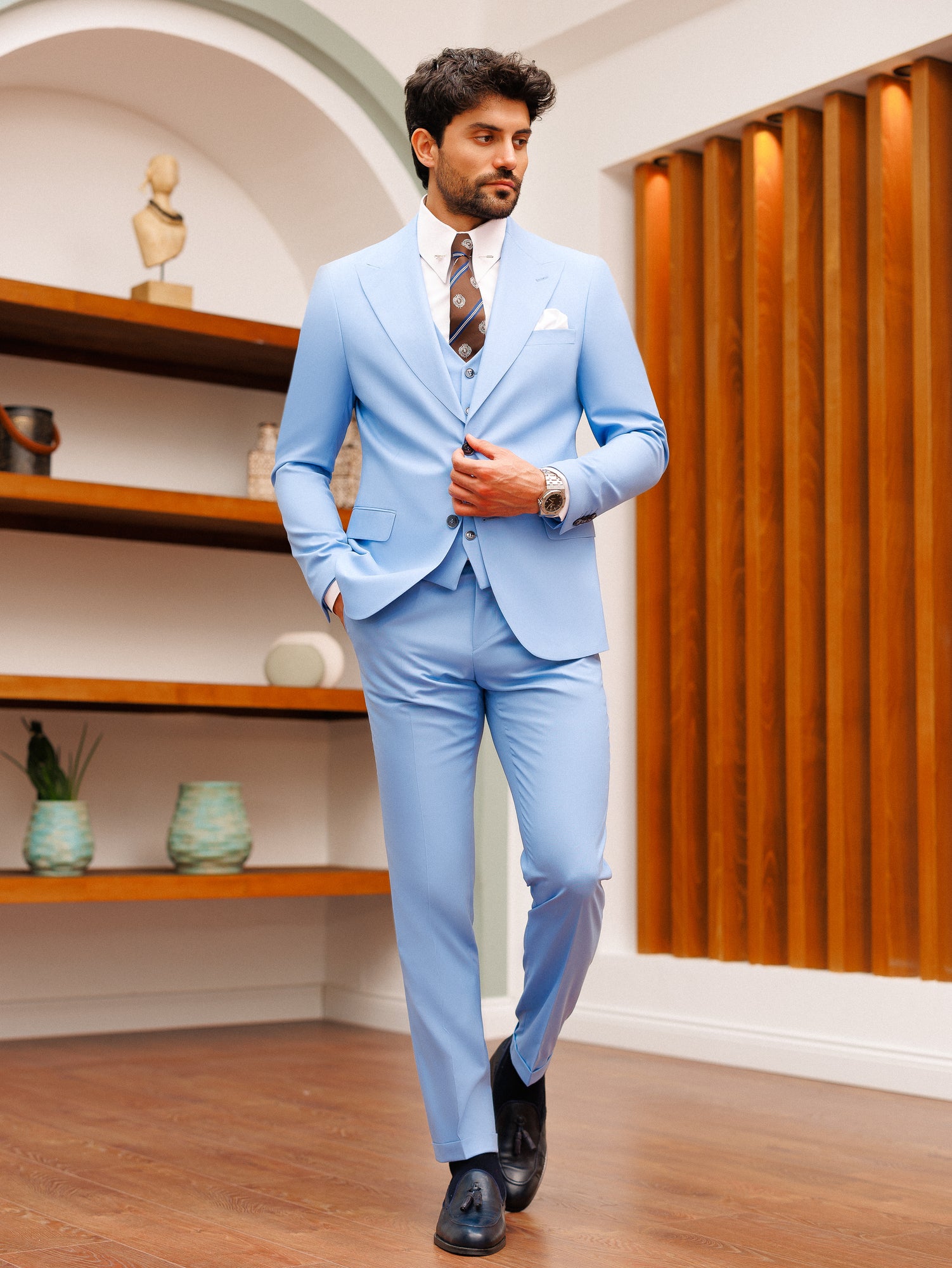 Sky-Blue Slim-Fit Suit 3-Piece