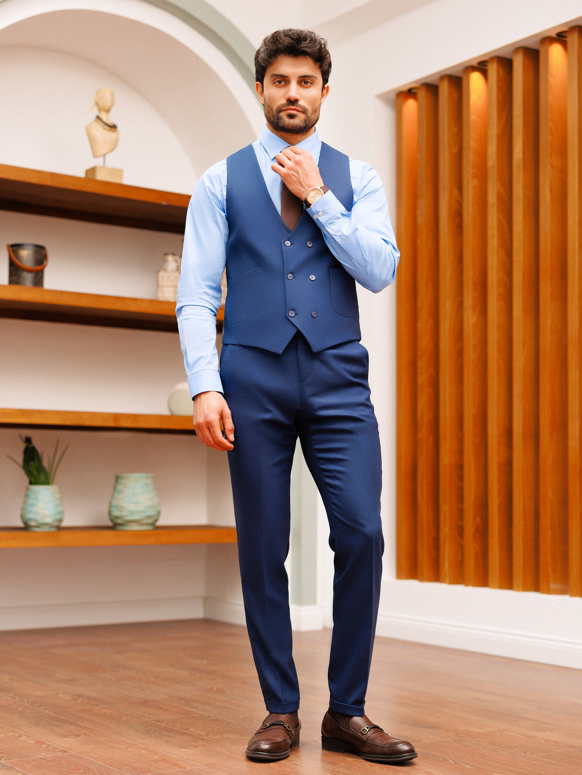 VIOSSI light blue wedding suit - 3-piece slim-fit Italian suit styles, front view with jacket, vest and trousers