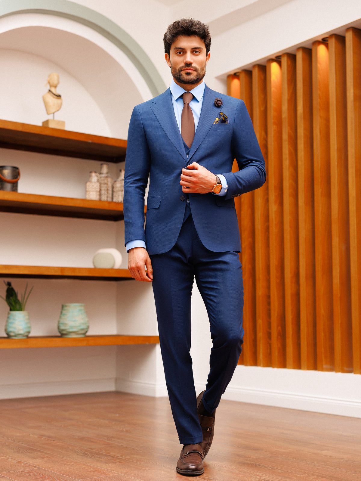 VIOSSI light blue wedding suit vest detail highlighting Italian suit styles 3-piece construction