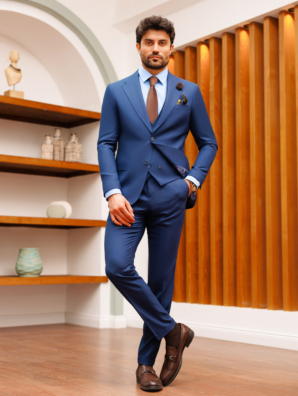 VIOSSI light blue wedding suit fabric close-up showcasing Italian suit styles material and finish