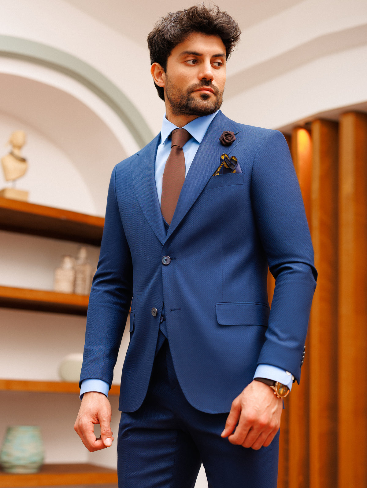 VIOSSI light blue wedding suit detail shot - Italian suit styles 3-piece slim-fit with vest and lapel close-up